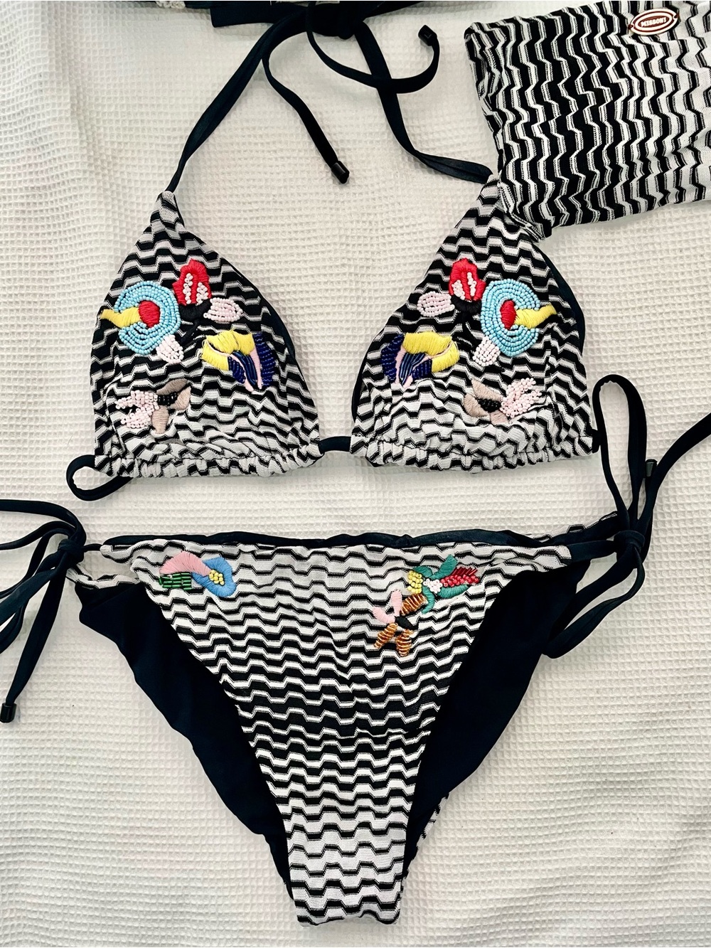 Missoni black & white bikini with beaded and embroidered flowers